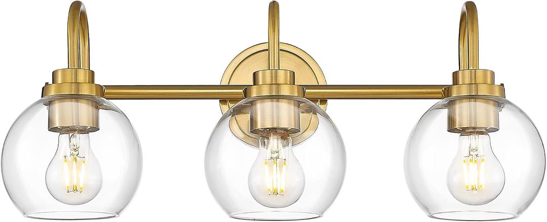Bathroom Light Fixtures, 3-Light Brushed Gold Vanity Lights with Globe Clear Glass, Champagne Bronze Vanity Lighting Fixtures Over Mirror, AD-22280-3W-GD