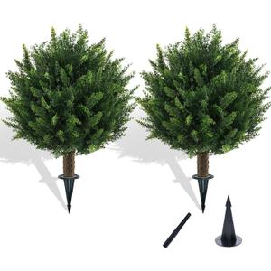 Chillchard 21" Artificial Cypress Topiary Outdoor Plants with Spike, 2 Pack Faux Cedar Bushes UV Resistant Fake Shrubs for Front Porch Dcor