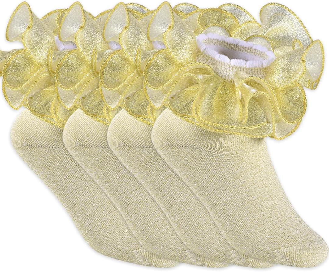 Yepami 4 Pairs Girls Ruffle Socks Big and Shimmering Lace Sock Ruffled Dress Socks for Girl Toddler (L)