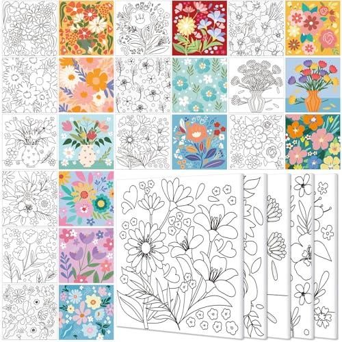 Teling 12 Pcs Pre Drawn Stretched Canvas Kit for Adults Painting Pre Printed Canvas Outline for DIY Painting Party Favor,6 x 6 x 0.6 Inches(Flower)
