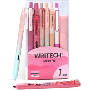 WRITECH Gel Pens Journaling Highlighters: Journal Set Aesthetic Assorted Pastel Color Ink 0.5mm Fine Point Retractable 0.7mm Black Pen Smooth Writing Drawing No Bleed 7ct (Pink)