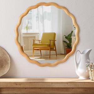 PERFNIQUE Scalloped Round Mirror 24", Wood Framed Nursery Wall Mirror with Tempered Glass, Decorative Wavy Edge Circle Mirror for Bedroom, Entryway or Living Room