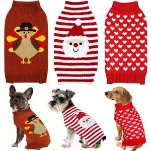 3 Pack Thanksgiving Christmas Valentine Dog Sweater, Knit Holiday Dog Sweater Thanksgiving Fall Warm Sweaters Outfit Clothes for Small Medium Large Dogs Pets (Turkey & Santa & Heart, Large)
