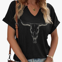 Boho Cow Skull Shirt Women Cowgirl t Shirt Vintage Western Rodeo Graphic Tee Short Sleeve Bull Skull Casual Top, L