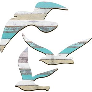 HINGTAI 3Pcs Wood Seagull Beach Wall Art, Nautical Self-adhesive Seagull Decorations, Coastal Themed Decors for Home Bedroom Living Room
