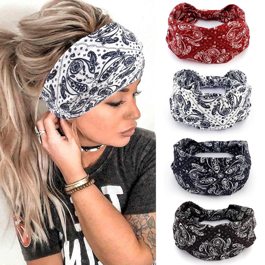 TODDER 4 Pack Bandana Headbands for Women Boho Paisley Headband Knotted Head Wraps Turbans Non Slip Bandana Headbands for Sport Yoga Workout