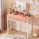 HIGDBFE Small Makeup Vanity Desk 27.5''W with Mirror and Lights, Vanity Desk with 3 Fabric Drawers and Height-Adjustable Stand, Vanity Table for Girls Gifts, Bedroom and Small Spaces, Pink