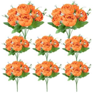 Ovveroche 8 Pack Orange Peonies Artificial Flowers, Fall Fake Silk Hydrangea Bouquet for Bridal Wedding Home Table Decor Reusable Dining Opening Ceremony Birthday Arrangement Faux Floral