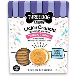 Three Dog Bakery Birthday Confetti Lickn Crunch Dog Treats, Vanilla Sandwich Cookies with Cake-Flavored Crme Filling & Sprinkles, Oven-Baked Birthday Dog Cookies for Everyday Celebrations, 13 oz (EXP 12/31/27)