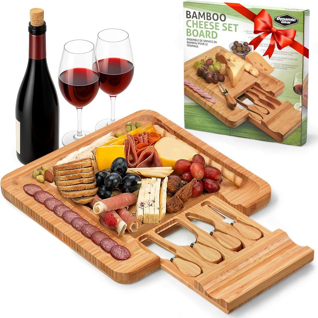 Dynamic Gear Bamboo Charcuterie Cheese Board Set with Knives - Low Maintenance Surface - Perfect for Wine and Cheese Nights - Sleek and Minimal Design - 13x13x2 inches - Dark Brown