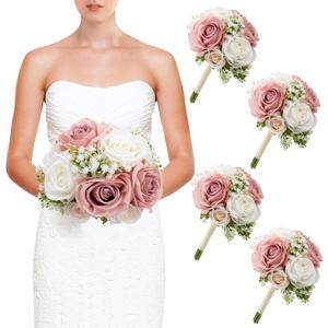 Wedding Bridesmaid Bouquets Set of 4, Artificial Silk Flowers Arrangement for Ceremony Marriage Proposal Party Anniversary Decorations - Dusty Pink & White