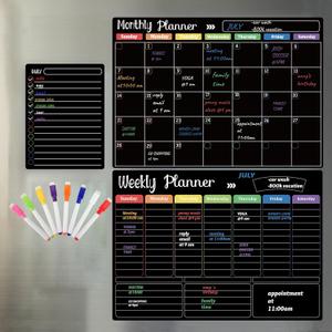 Hivillexun Magnetic Black Dry Erase Calendar White Board Set (3-Pack) - Monthly, Weekly Planners & Daily Notepad for Fridge, Home & Office, Includes 8 Markers