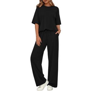 BTFBM Summer Outfits For Women 2026 Two Piece Sets Casual Short Sleeve Spring Tops Wide Leg Pants Matching Lounge Set (Medium, Black)