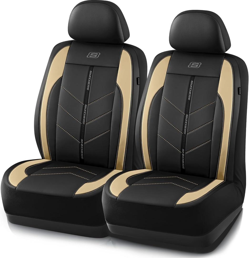 Skechers Car Seat Covers,Luxury Faux Leather Seat Covers,Waterproof Anti Slip Car Seat Protector Front Seats,Car Accessories Airbag Universal Fit for Most Cars,Vans,Trucks,SUV,Beige (Black and Beige)