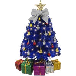 Small Blue Christmas Tree with Lights - 23 Inch Mini Tabletop Christmas Tree with Warm-White LED Lights, Hanging Ornaments, Decorative Bow and Gift Boxes - Table Tree for DIY Christmas Decoration