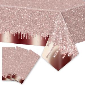 Pink Rose Gold Birthday Party Tablecloths Rose Gold Sequin Printed Plastic Table Cover Glitter Diamonds Happy Birthday Background for Girl Wedding Graduation Anniversary Indoor Outdoor（Plastic)