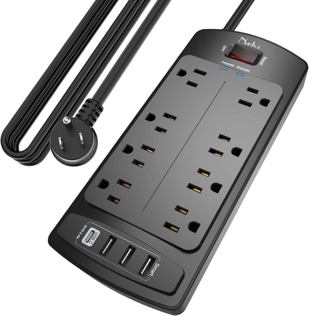 Surge Protector Power Bar - Nuetsa 10Ft Extension Cord Indoor(1625W/13A) with 8-AC Outlets and 4 USB Ports(3U1C), Flat Plug, 2700 Joules, for Home, Office, ETL Listed, Black