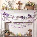 Breling 3 Pack He is Risen Banner Easter Felt Ball Garlands 10ft Pom Pom Religious Easter Decorations for Mantle Fireplace Church Spring Room Home Office Classroom Hanging Christian Decor (Purple)