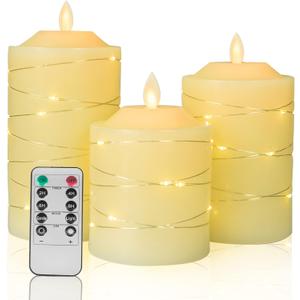 Battery Operated Flameless LED Candles: with Embedded String Lights, 3 Pack Flickering Electric Candle with 10-Key Remote Control for Seasonal Festival Celebration Real Wax(Batteries not Included)