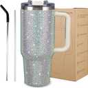 Sparkling 40oz Tumbler with Handle and 2-in-1 Lid, Rhinestone Covered Insulated Cup, 40 oz tumbler with handle for Glamorous Hydration (White AB)