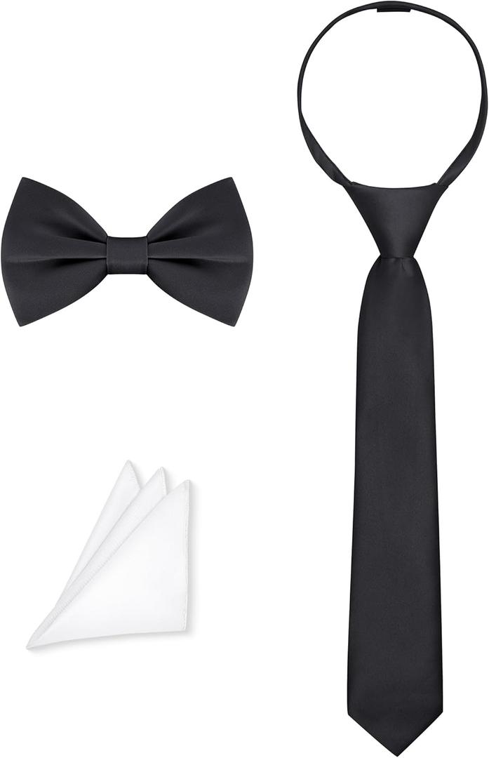Boys Black Tie 8-10 Years Kids Black Necktie Tie Adjustable Pre-tied Zipper Tie, Bowtie and Pocket Square 3-piece For Wedding School Graduation Corbatas Para Nios