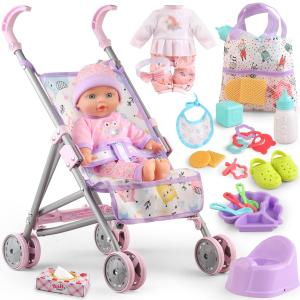 Baby Doll with Stroller Set for Realistic Pretend Play for 3 4 5 6 7 Year Old Toddler Girls Gifts. Baby Stroller Toys includes 12.5inch Baby Dolls, 2 sets Doll Clothes and 17 PCS Doll Accessories