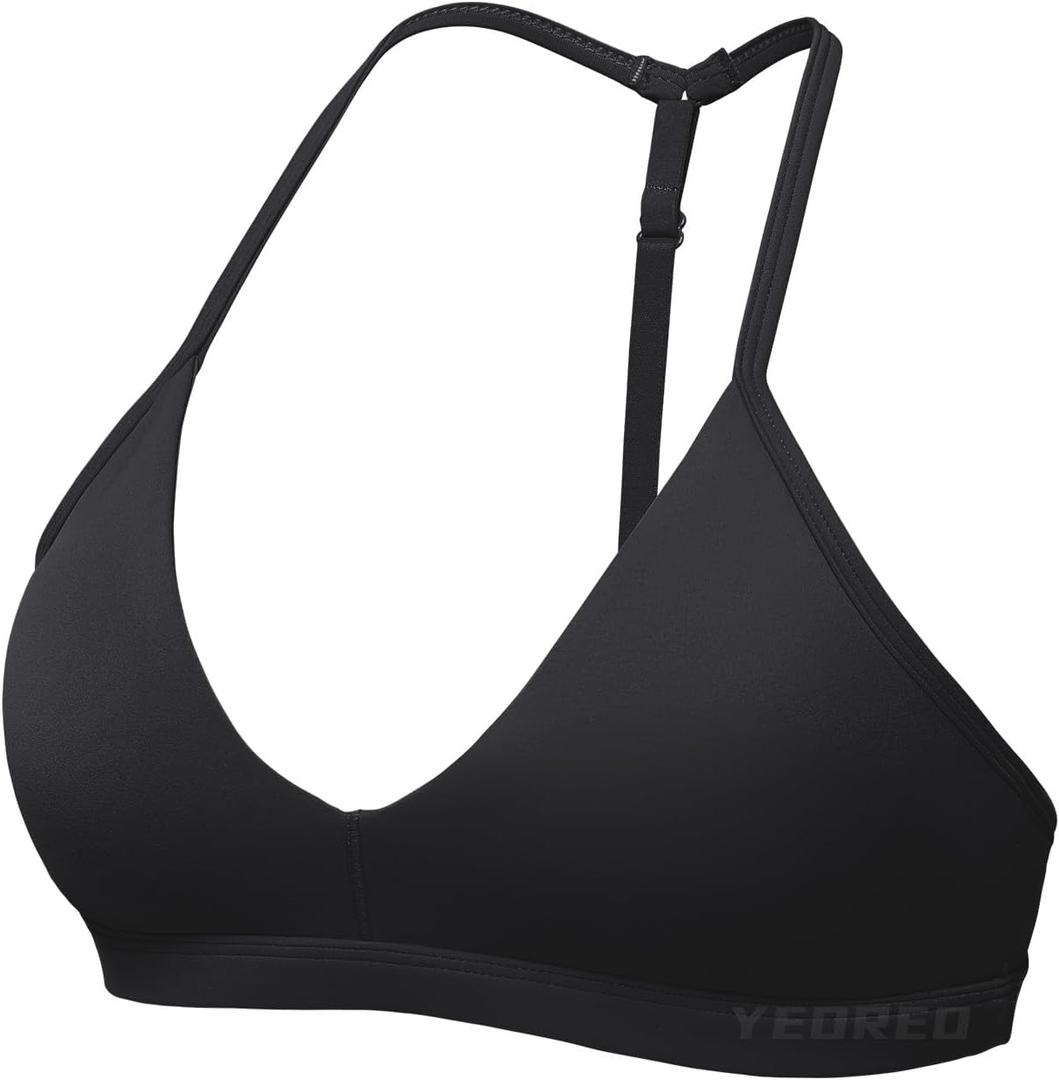 YEOREO Sports Bras for Women Strappy Padded Halter Ericie Open Back Light Impact Deep V Neck Yoga Workout Gym Tops (Medium, Black)