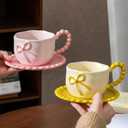 Disoza Bow Coffee Mug Pink Coquette Coffee Mugs Set with Saucer 12 OZ Porcelain Tea Cup Bow Cute Mug for Women Girl