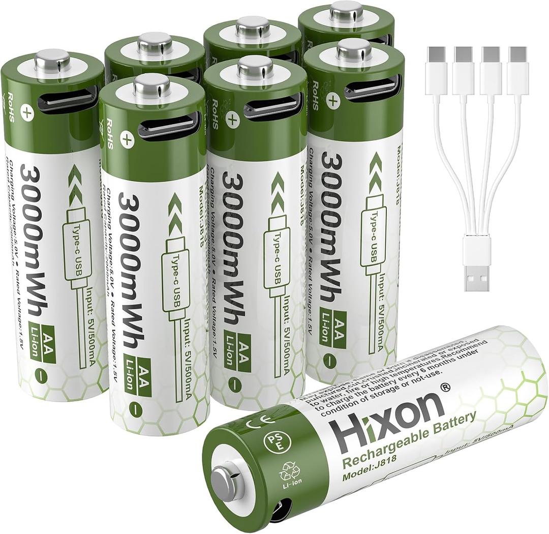 Hixon 1.5V USB Rechargeable Lithium Batteries AA Size,3000mWh Double AA Rechargeable Battery,Charges 1.5 Hours, Over 1000 Cycles, 4-in-1 USB-A to USB-C Charging Cable, LED Charge Indicator, 8-Pack