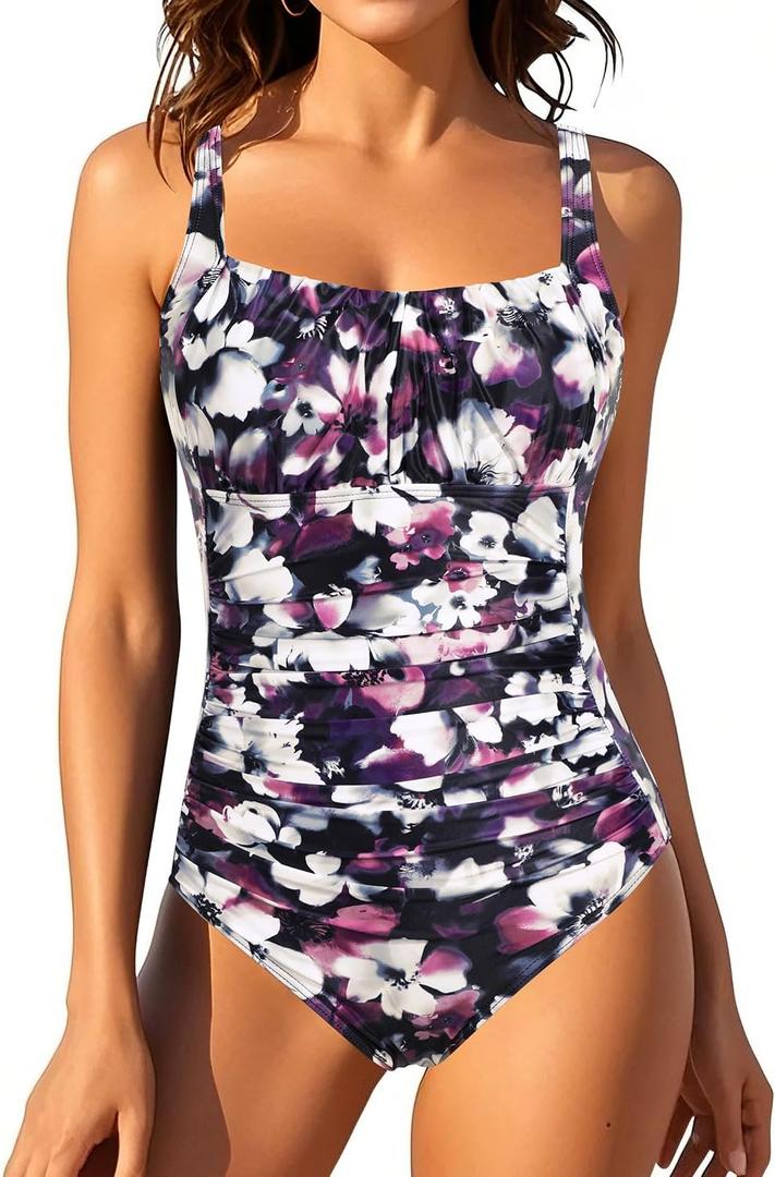 Aqua Eve One Piece Bathing Suit for Women Tummy Control Swimsuit Slimming Vintage Swimwear (Purple, XL)