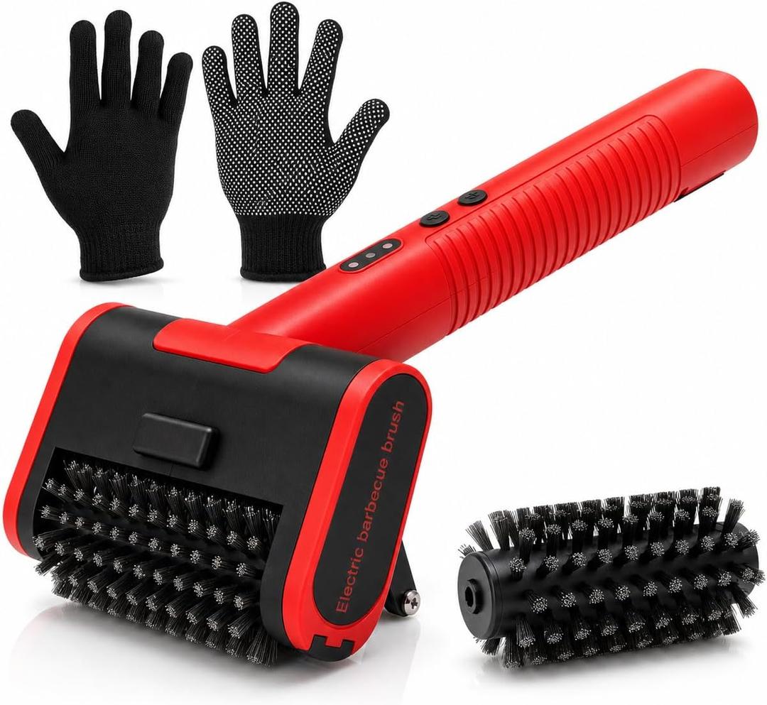 2026 Upgraded Electric Grill Brush, 3-Speed 1400–1800 RPM with LED Light, Rechargeable Electric BBQ Grill Cleaner, Anti-Shedding Brush Head, for Outdoor Grill, (Red)