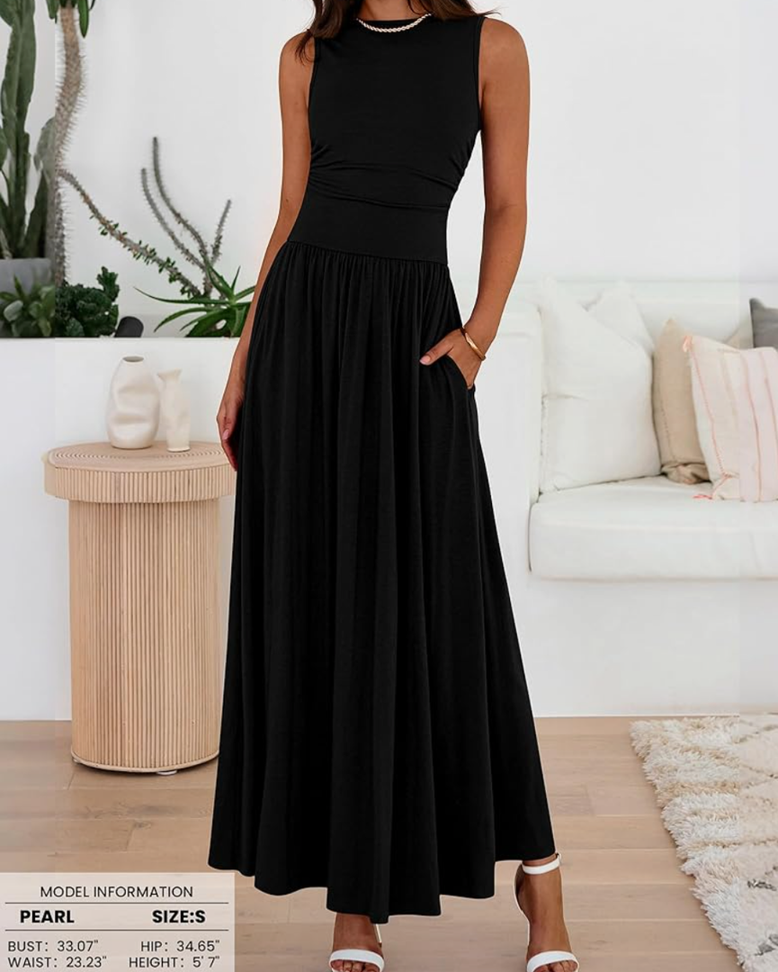 Summer Maxi Dresses for Women 2026 Spring Sleeveless Casual Ruched High Waisted Long Sundress Flowy Beach Dress M