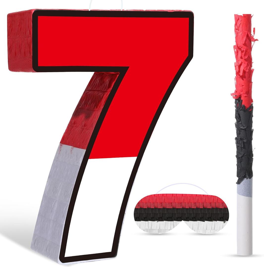 Pasimy Number 7 Piata Red and White Cartoon Animation Piata with Stick Blindfold Confetti for Video Game Birthday Party Baby Shower Anniversary Celebration Decorations, 15.7 x 12.6 Inch