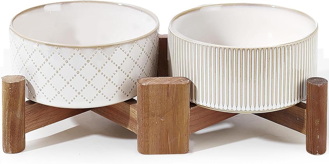 Getstar Ceramic Dog Bowls with Acacia Wood Stand, 30 fl oz, Set of 2, Dog Food Bowl, Cat Bowls (6.5 inches, Stripes and Checks)