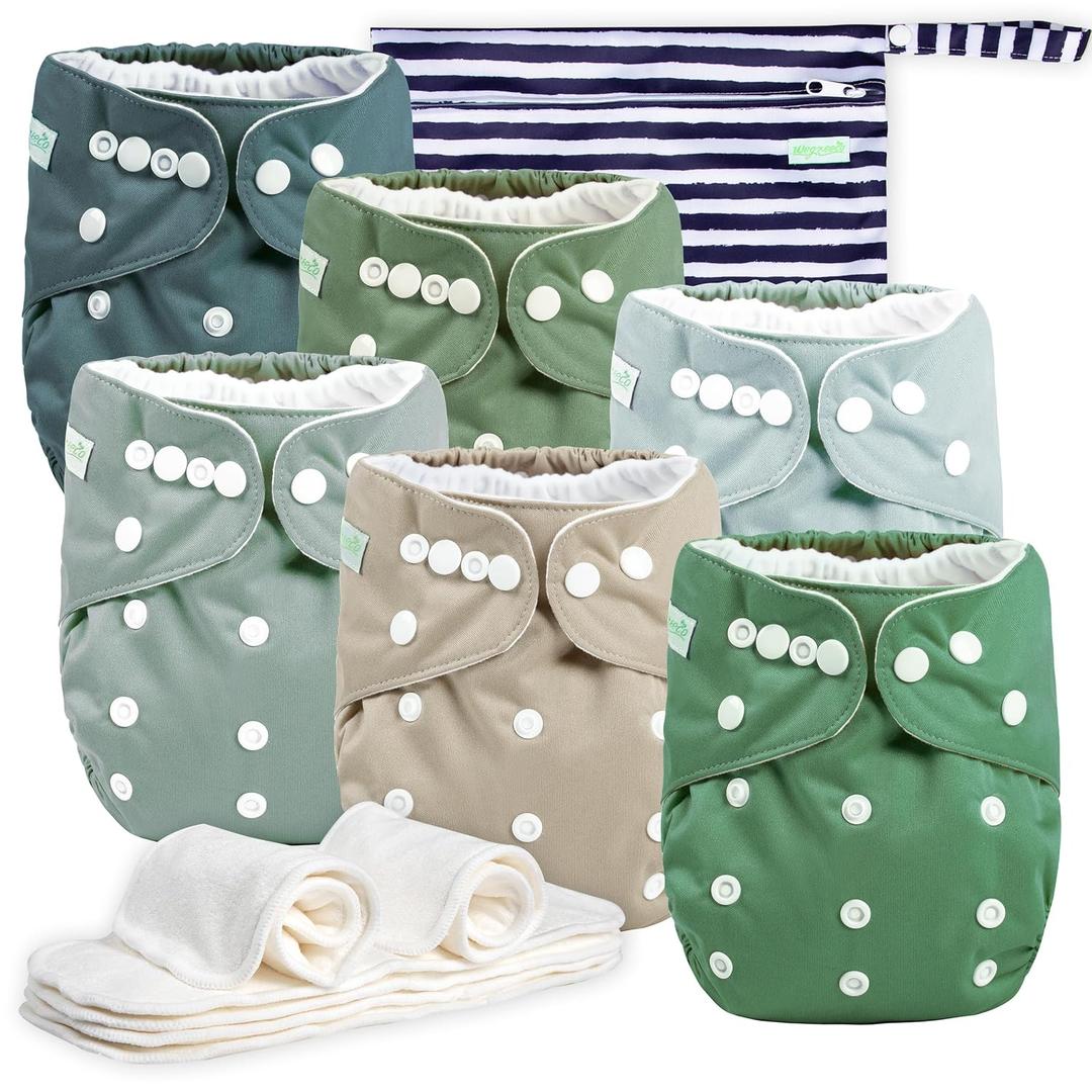 Wegreeco Cloth Diapers 6 Pack With 6 Inserts & 1 Wet Bag, Washable Cloth Diapers for Babies, One Size Adjustable Reusable (Green)