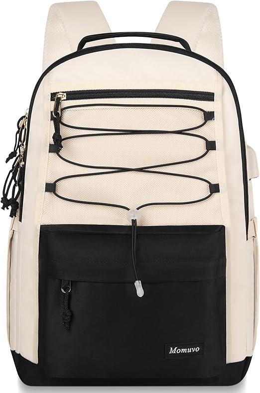 MOMUVO Classic Backpack for Women, Lightweight High School Bookbag for Teens Girls, Waterproof 15.6 Inch Laptop Bag with USB Charging Port for College Work Travel Trip, Black & Beige