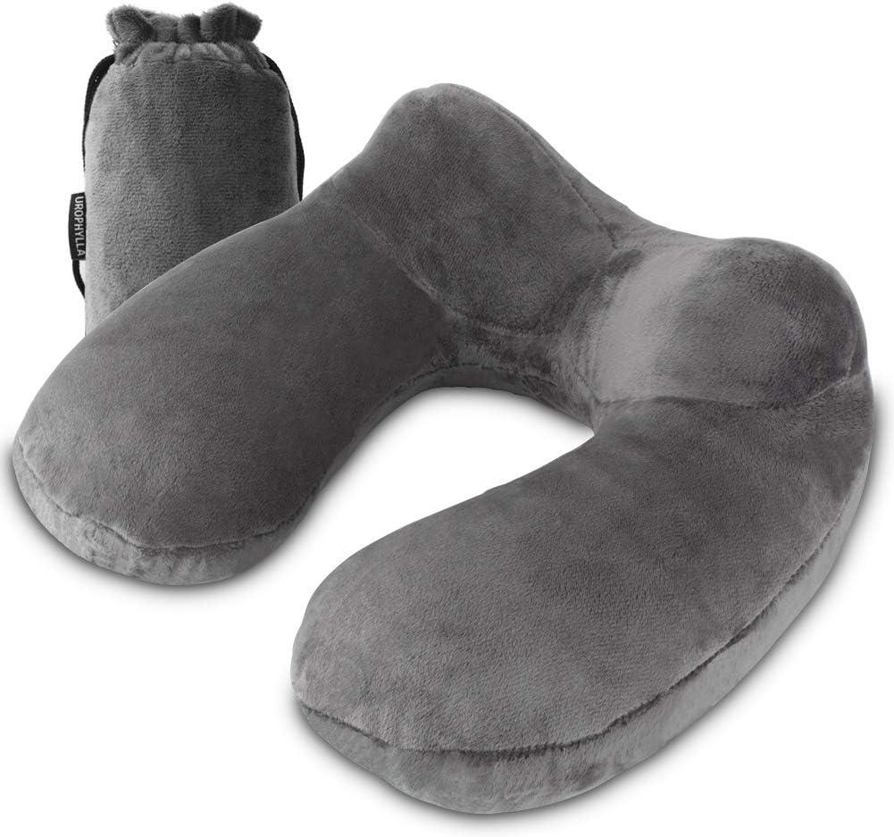 UROPHYLLA Inflatable Travel Pillow, Soft Velvet Inflatable Neck Pillow for Traveling, Airplanes, Train, Car, Office with Compact Bag, Breathable Washable Cover, Suit for Adults Sleeping - Grey (Size of Neck: 10.5''~16'')