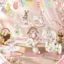 Leinuosen 8 Pcs Spring Easter Bunny Wooden Signs Pink Floral Bunnies Wood Table Decor with Base Spring Rabbit Tiered Tray Easter Decorations for Home Party Desk Mantel Tabletop Centerpiece