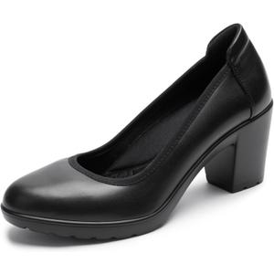 Women's Pumps with Arch Support, Chunky Closed Round Toe Block Heels for Women, Comfortable Low Heel Work Dress Shoes (9, Black)