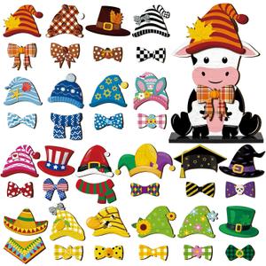 42 Pcs Small Interchangeable Fall Halloween Cow Decor Seasonal Sign Holiday Tiered Tray Decoration Farmhouse Rustic Wood Home Office Desk Accessories Welcome Ornament Table Centerpiece Gift