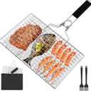 Fish Grill Baskets Folding Portable Fish Grilling Rack For Grill, BBQ Grilling Basket, Stainless Steel Grill Basket For Veggies, Shrimp, Meat Cook Come With Storage Bag and Two Basting Brush