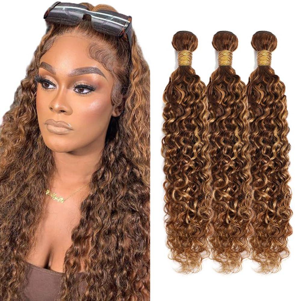 P4/27 Highlight Brown Bundles Human Hair Blonde Water Wave Bundles 30 32 34 Inch 3 Bundle Brazilian Highlight Wet and Wavy Human Hair Extensions 50 Gram Per Bundle