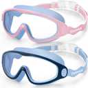 Vvinca Kids Swim Goggles 2 Pack, Soft Wave-Shape Strap (No Hair Pulling), Anti Fog Leak Free Swimming Goggles Boys Girls 3-15 (01 - Dark Light Blue + Pinkish Blue)
