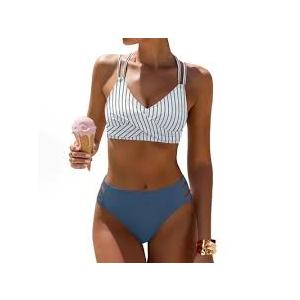 ANRABESS Bikini Sets for Women V Neck Criss Cross Two Piece Swimsuit Sexy Cutout Bathing Suit 2026 Beach Vacation Swimwear Stripe Blue X-Large