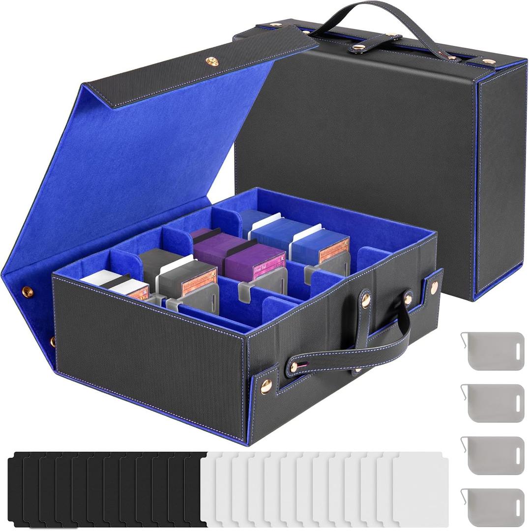 Foldable Card Holders for Playing Cards, Trading Card Storage Box with Handles, 4-Row Magnic Card Deck Box with 4 Stoppers, 24 Dividers for MTG and Sport Cards (Black & Blue)