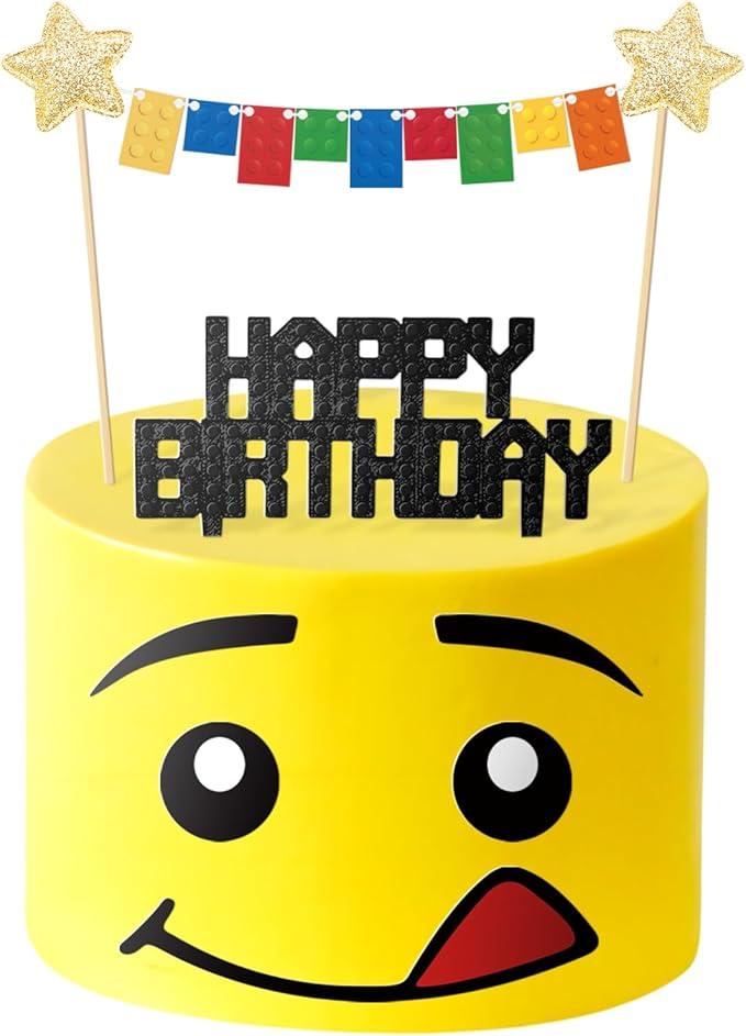 Building Blocks Cake Topper,Star Flag Banners Bunting Banner Cake Toppers 3D Print Birthday Cake Topper Character Face Design Party Supplies Decorations for Boys Girls