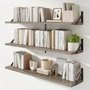 Floating Shelves, 8 Inch Deep Rustic Book Shelf for Wall, 36W x 8D Wall Shelves Set of 3, Heavy Duty Metal Brackets, Wood Display Shelf for Living Room, Kitchen, Bathroom, Study, Grey