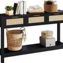 Luoxiao Entryway Table, 47" Rattan Console Tables with 3 Drawers, Narrow Hallway Table for Entryway with Storage Shelf, Slim Sofa Table Behind Couch, Modern Black Foyer Entry Way Table, Easy Assembly