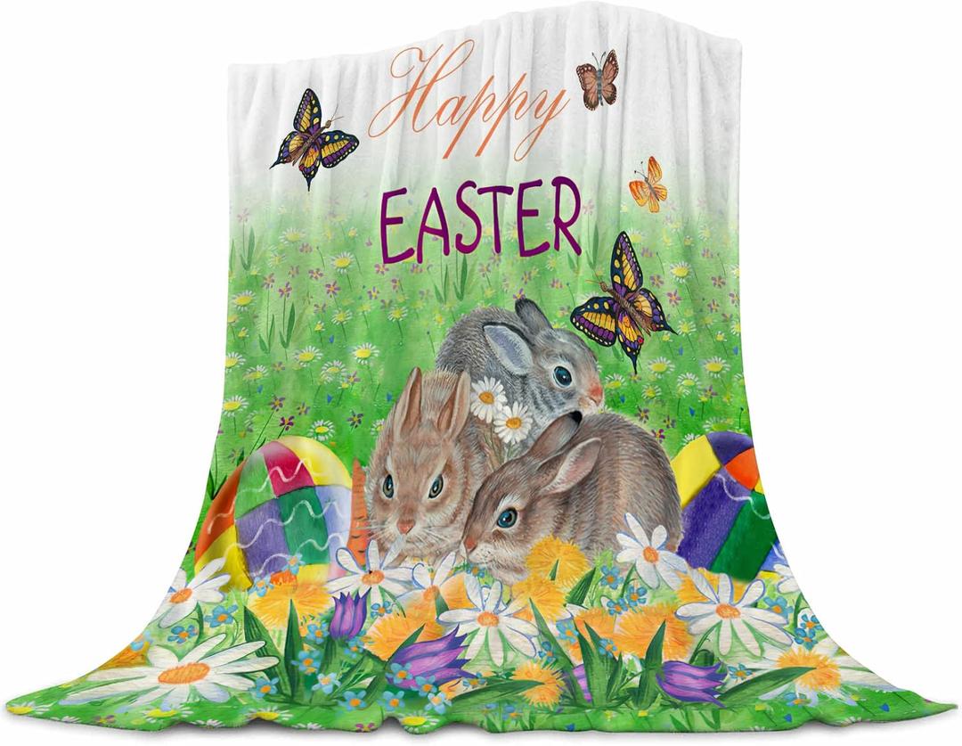 Happy Easter Blanket Easter Rabbit Bunny Eggs Spring Easter Throw Blanket Soft Lightweight Durable Flannel Blanket for Bed Sofa Couch Camping Travel 50''x60''