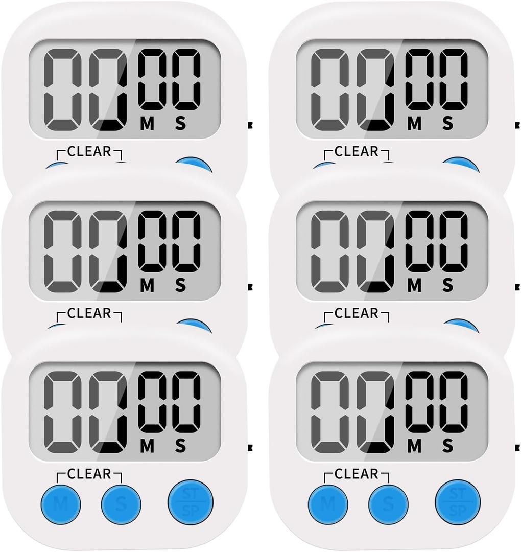LinkDm 6 Pack Small Digital Kitchen Timer Magnetic Back and ON/Off Switch,Minute Second Count Up Countdown, White